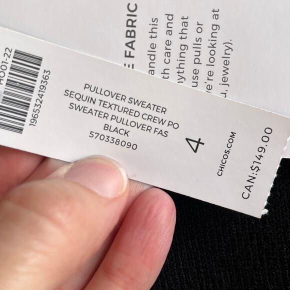 Chico's Women's Black Sequined Textured Pullover Sweater Size 4 (XXL). NEW - Picture 7 of 9